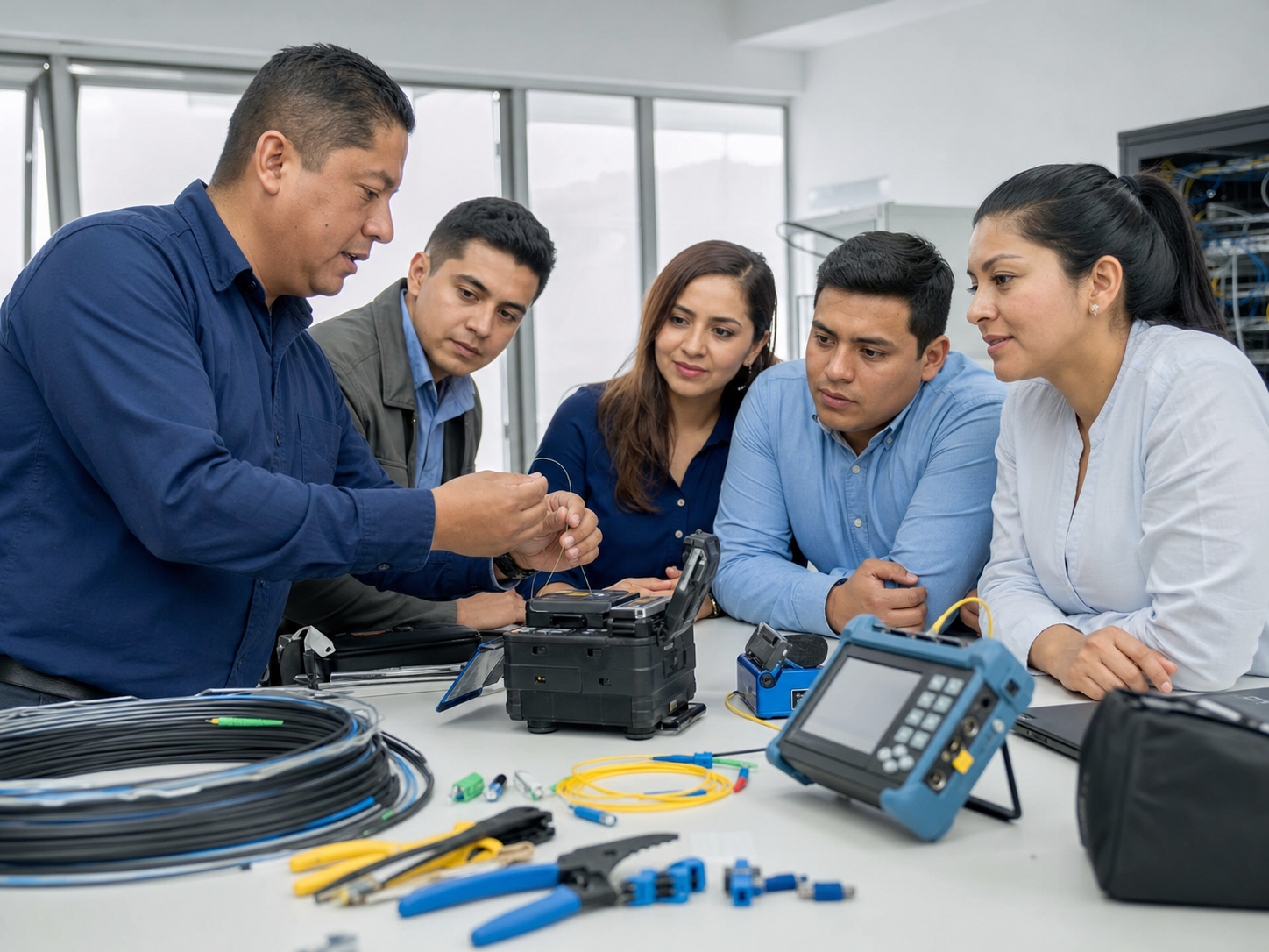 Capacitación práctica de fibra óptica para un equipo de trabajo